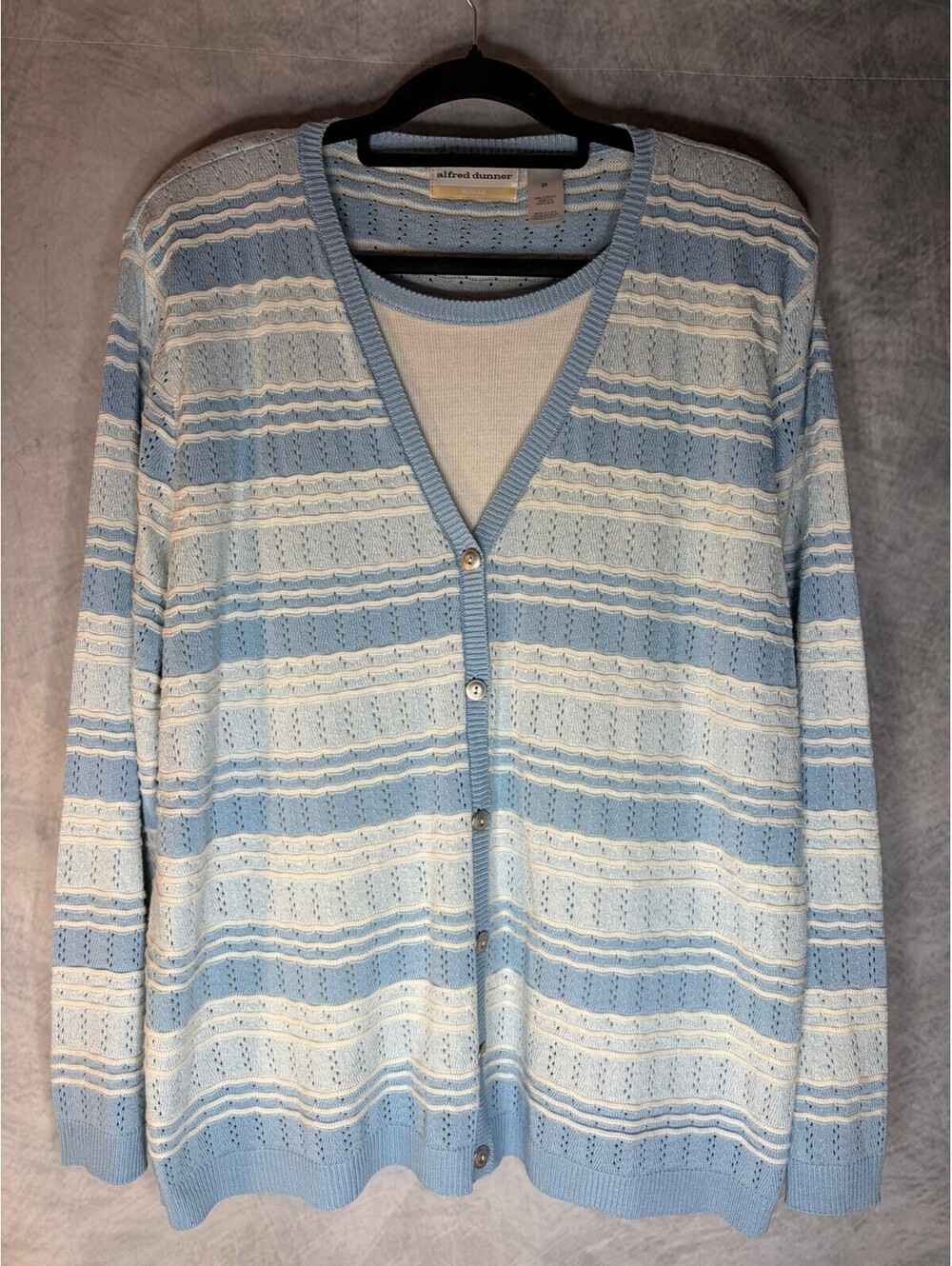 Alfred Dunner Women's 2X Blue Striped Pointelle Knit Layered Look Sweater